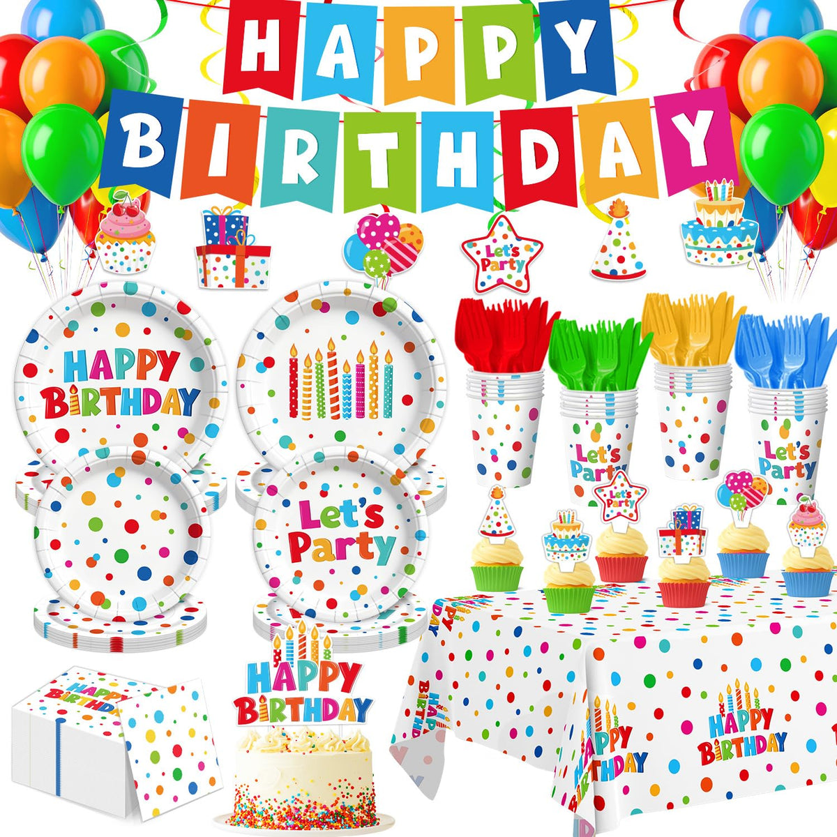 Colorful Birthday Party Supplies Set – 195 Pieces