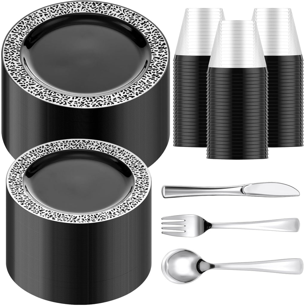 Black & Silver Disposable Dinnerware Set – 300 Pieces