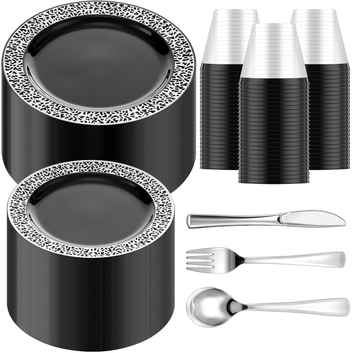 Black & Silver Disposable Dinnerware Set – 300 Pieces