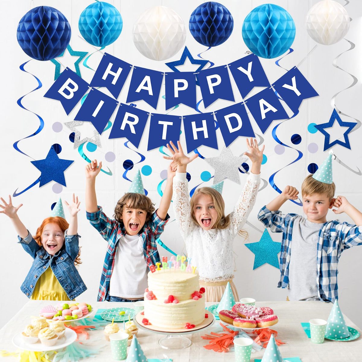Happy Birthday Banner with Honeycomb Balls