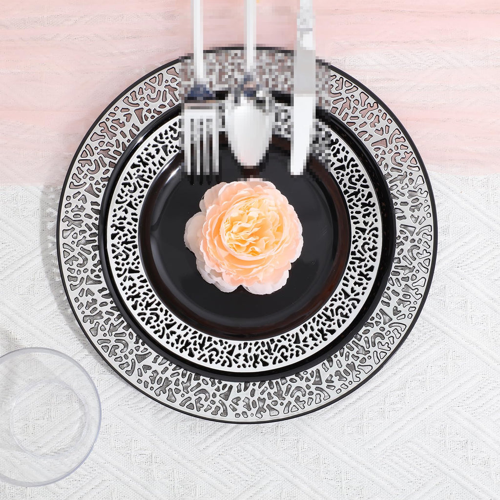 Black & Silver Disposable Dinnerware Set – 300 Pieces